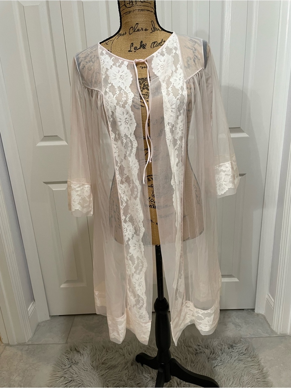 Vintage Sears Pink Baby Doll Sheer Lace-Trim Robe